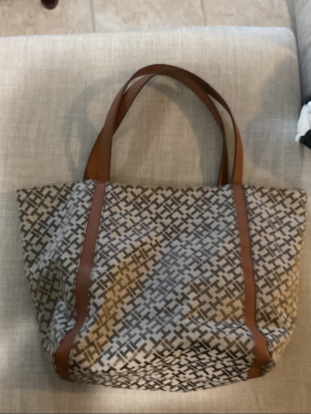 Tommy Hilfiger Beige Patterned Tote with Brown Leather Straps